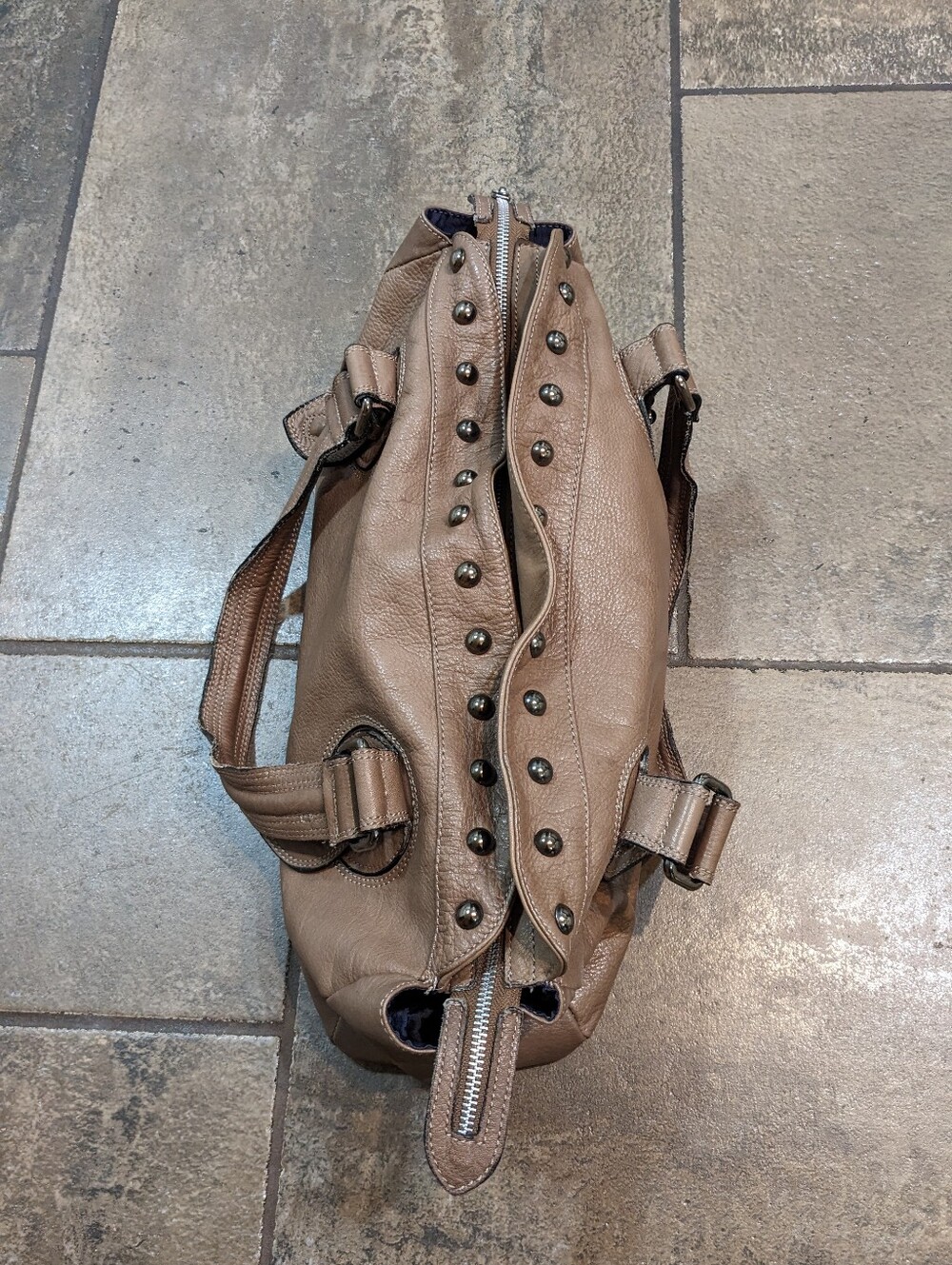 Dimoni Y2K Pebble Leather Stud Detail EW Butter Soft Satchel Shoulder Bag Taupe - Picture 4 of 17